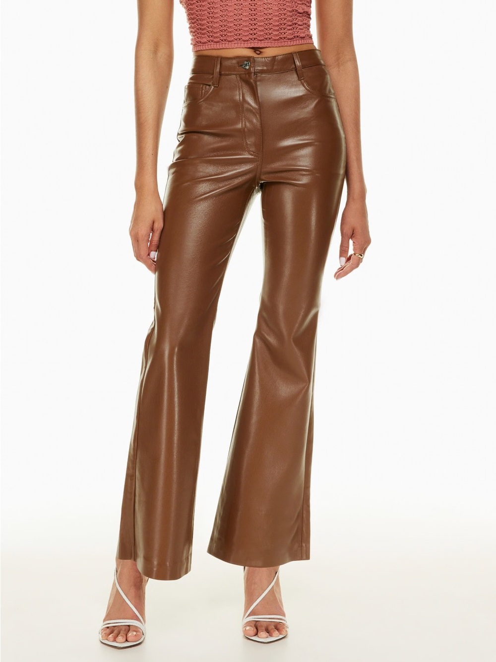 Aritzia Wilfred The Melina Flare Pant Vegan Leather in Cognac Brown Size 10
